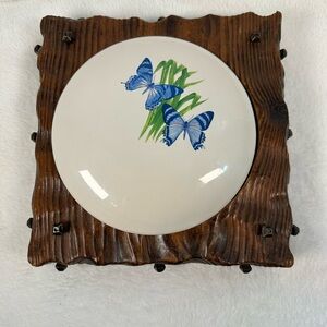 Vintage Wooden Serving Dish Butterfly Ceramic Plate Cottagecore Decor